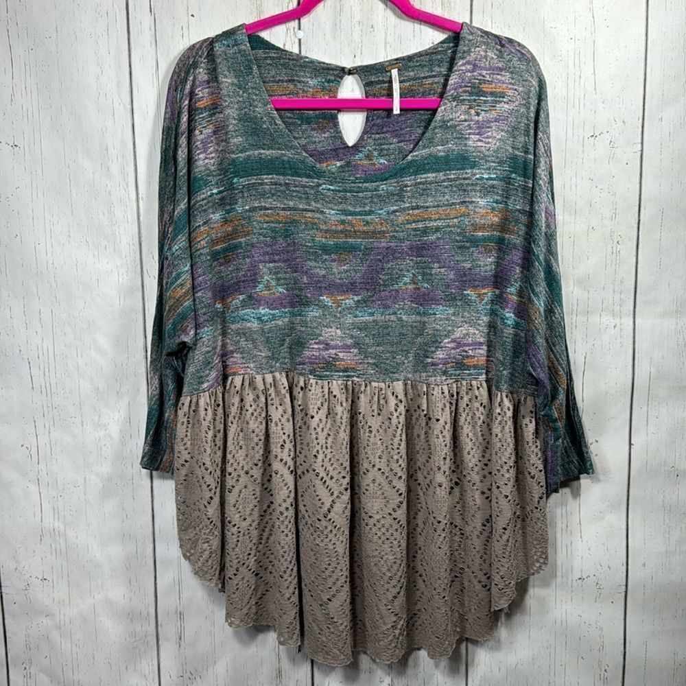 Free People Boho Crochet Eyelet Oversized Dolman Sleeves Printed Tunic Top